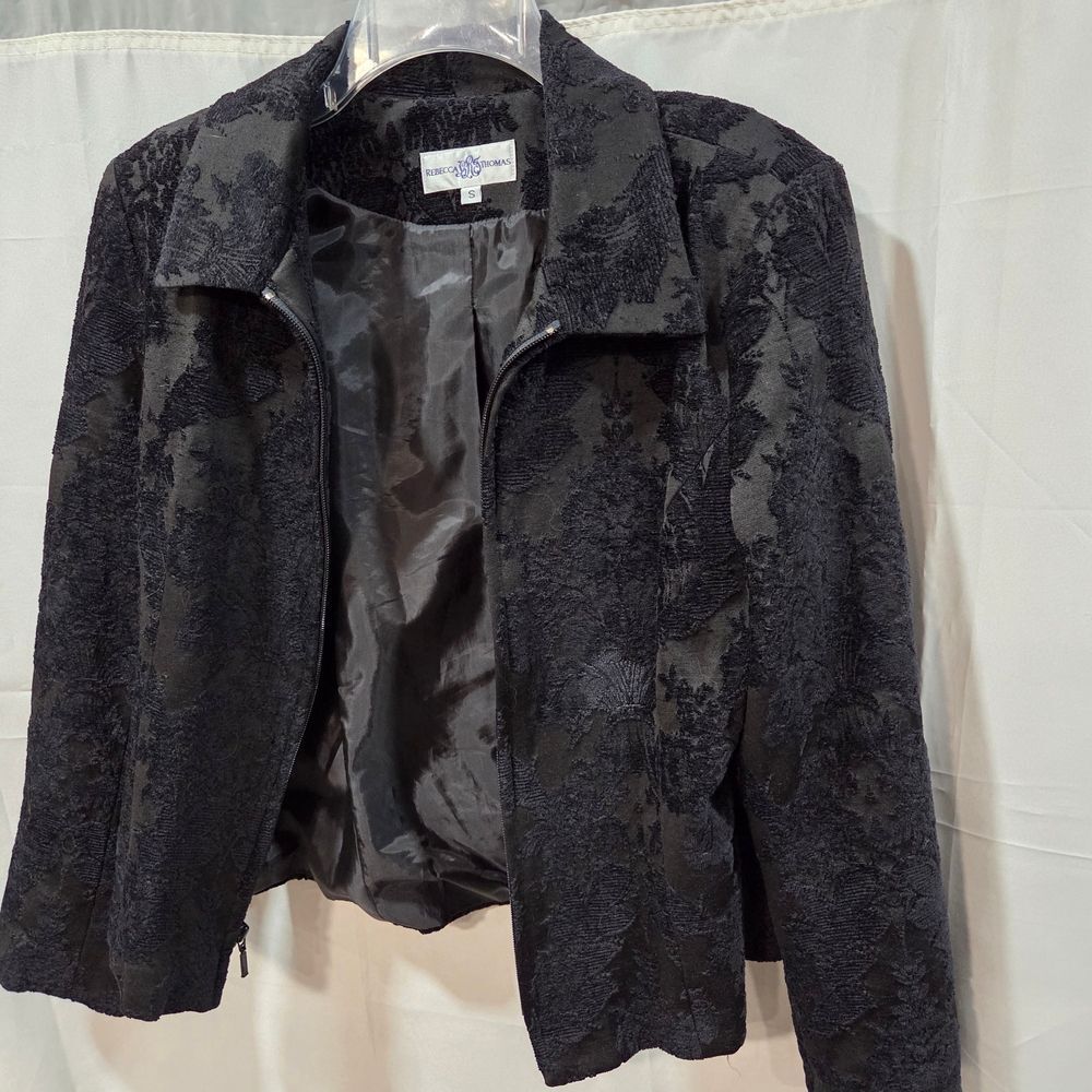 Rebecca Thomas Black Floral Jacquard Zip Jacket Sz S Dark Academia Whimsigoth